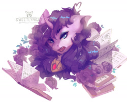 Size: 1600x1293 | Tagged: safe, artist:sweetlynight, oc, oc only, pony, unicorn, book, curved horn, female, flower, horn, mare, peytral, simple background, white background