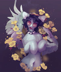Size: 4234x5000 | Tagged: safe, artist:sweetlynight, oc, oc only, pegasus, pony, belly button, chest fluff, choker, female, flower, glasses, mare, round glasses, spiked choker, spread wings, wings
