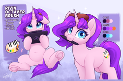 Size: 3551x2339 | Tagged: safe, artist:rivin177, oc, oc:rivin, pony, unicorn, belly, belly button, beret, blue eyes, colored, cute, cutie mark, drawing tablet, duo, ears back, eye clipping through hair, eyebrows, eyebrows visible through hair, eyes open, female, hat, high res, holding, horn, mare, mouth hold, not pipp petals, pen, ponytail, reference, reference sheet, shyabetes, sitting, standing, stylus, tablet, underhoof, wide eyes