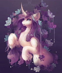 Size: 4234x5000 | Tagged: safe, artist:sweetlynight, oc, oc only, pony, unicorn, belly button, chest fluff, curved horn, female, flower, horn, jewelry, mare, unshorn fetlocks