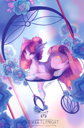 Size: 3280x5000 | Tagged: safe, alternate version, artist:sweetlynight, pinkie pie, cat, cat pony, earth pony, hybrid, original species, pony, g4, absurd file size, absurd resolution, blood, chest fluff, ear fluff, eyebrows, female, flower, licking, licking lips, lying down, mare, paws, pinkamena diane pie, prone, signature, solo, species swap, tongue out
