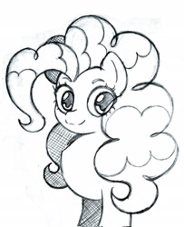 Size: 1662x2048 | Tagged: safe, artist:artmorheart, pinkie pie, earth pony, pony, g4, black and white, grayscale, monochrome, pink mane, sketch, smiling, traditional art