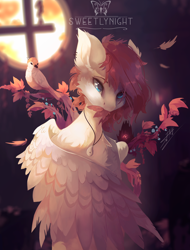 Size: 4552x6000 | Tagged: dead source, safe, artist:sweetlynight, oc, oc only, oc:nico, oc:supreme bird of the gods, bird, pegasus, pony, absurd file size, chest fluff, duo, ear fluff, ear piercing, earring, horns, jewelry, male, necklace, piercing, stallion