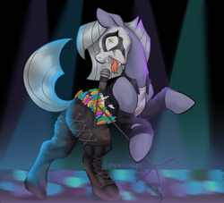 Size: 4400x4002 | Tagged: safe, artist:leopardsnaps, limestone pie, earth pony, pony, g4, black metal, boots, clothes, concert, corpse paint, dirty, lights, metal, microphone, screaming, shoes, singing, solo, spotlight, torn clothes