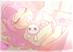 Size: 3164x2250 | Tagged: safe, artist:phoenixrk49, angel bunny, fluttershy, pegasus, pony, rabbit, semi-anthro, g4, animal, arm hooves, blush lines, blushing, carrot, cellphone, clothes, cuddling, cute, duo, eyes closed, female, food, high res, lying down, mare, on back, pajamas, phone, shyabetes, sleeping, smartphone, sunlight