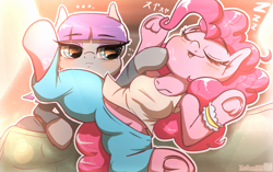 Size: 3590x2250 | Tagged: safe, artist:phoenixrk49, maud pie, pinkie pie, earth pony, anthro, g4, arm hooves, blush lines, blushing, breasts, busty maud pie, busty pinkie pie, clothes, cute, diapinkes, duo, eyebrows, eyebrows visible through hair, eyes closed, female, frog (hoof), high res, japanese, katakana, lying down, mare, on back, onomatopoeia, overhead view, pajamas, poking, siblings, sisters, sleeping, sound effects, underhoof, zzz