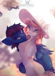 Size: 4325x6000 | Tagged: safe, artist:sweetlynight, oc, oc only, pegasus, pony, unicorn, bipedal, chest fluff, commission, cookie, curved horn, duo, female, flower, food, hat, horn, male, mare, oc x oc, shipping, stallion, straight, water