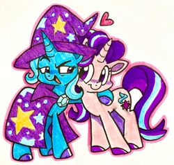 Size: 2048x1949 | Tagged: safe, artist:raystarkitty, starlight glimmer, trixie, g4, cape, clothes, duo, duo female, female, hat, heart, horn, hug, lesbian, looking at each other, looking at someone, marker drawing, ship:startrix, shipping, smiling, stars, traditional art, trixie's cape, trixie's hat