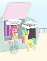 Size: 2000x2600 | Tagged: safe, artist:porcellus, hitch trailblazer, sunny starscout, earth pony, pony, g5, dialogue, drink, female, high res, male, mare, ship:starblazer, shipping, smoothie, stallion, straight