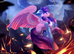 Size: 3500x2538 | Tagged: safe, artist:sweetlynight, oc, oc only, pegasus, pony, crying, female, high res, lava, mare, spread wings, stars, wings