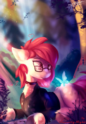 Size: 2101x3000 | Tagged: dead source, safe, artist:sweetlynight, oc, oc only, oc:amy heartbreak, butterfly, earth pony, pony, bell, bell collar, clothes, collar, female, forest, glasses, high res, hoodie, mare, nature, solo, tree