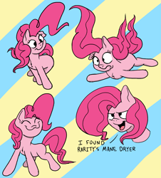 Size: 1905x2109 | Tagged: safe, artist:doodledonutart, pinkie pie, earth pony, pony, g4, alternate hairstyle, eyes closed, frown, missing cutie mark, open mouth, open smile, smiling, solo, striped background