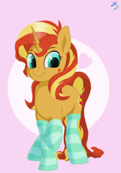 Size: 1748x2480 | Tagged: safe, artist:maslivka, sunset shimmer, pony, unicorn, g4, clothes, cute, female, heart, high res, mare, shimmerbetes, socks, striped socks