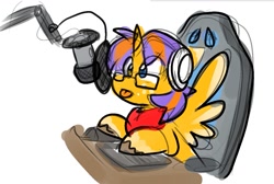 Size: 1287x863 | Tagged: oc name needed, safe, artist:zutcha, oc, oc only, alicorn, mouse, pony, chair, freckles, gamer chair, glasses, keyboard, male, microphone, simple background, solo, spread wings, stallion, tongue out, white background, wings