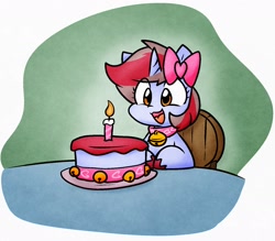 Size: 1546x1353 | Tagged: safe, artist:zutcha, oc, oc only, oc:cinnamon lightning, pony, unicorn, bell, bell collar, birthday cake, bow, cake, candle, chair, collar, eyelashes, female, food, hair bow, mare, open mouth, open smile, sitting, smiling, solo, table