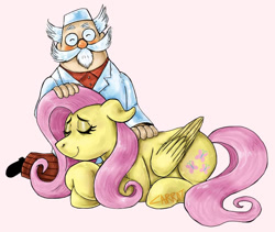 Size: 923x778 | Tagged: safe, artist:weirdcomics111, fluttershy, human, pegasus, pony, g4, beard, clothes, crossover, cute, doctor, doctor aibolit, duo, duo male and female, eyes closed, facial hair, female, floppy ears, folded wings, glasses, human on pony petting, kneeling, lab coat, lying down, male, mare, moustache, petting, pink background, prone, round glasses, russian literature, shyabetes, simple background, smiling, wings