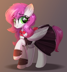Size: 1944x2106 | Tagged: safe, artist:janelearts, oc, oc only, oc:ellie berryheart, pegasus, pony, g4, black eyeshadow, bow, bowtie, clothes, cuffs (clothes), dress, ear fluff, eye clipping through hair, eyebrows, eyebrows visible through hair, eyeshadow, female, green eyes, housewife, long eyelashes, looking at you, maid, makeup, mare, raised hoof, simple background, smiling, smiling at you, solo, tail, white stockings, wings