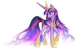Size: 1122x712 | Tagged: safe, artist:copshop, twilight sparkle, alicorn, pony, g4, the last problem, colored wings, concave belly, crown, ethereal mane, ethereal tail, folded wings, gradient wings, hoof shoes, horn, jewelry, large wings, long horn, long legs, long mane, long tail, looking at self, older, older twilight, older twilight sparkle (alicorn), peytral, princess shoes, princess twilight 2.0, regalia, simple background, slim, solo, starry mane, starry tail, tail, tall, thin, transparent background, twilight sparkle (alicorn), wings