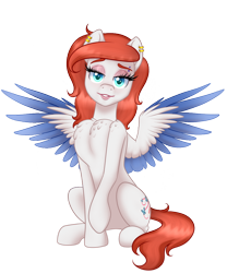 Size: 900x1080 | Tagged: safe, artist:nivimonster, oc, oc only, oc:sketchbook, pegasus, pony, bedroom eyes, chest fluff, colored wings, colored wingtips, female, lidded eyes, looking at you, mare, simple background, smiling, solo, spread wings, transparent background, two toned wings, wings