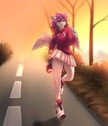 Size: 2187x2542 | Tagged: safe, artist:tenta, oc, oc only, oc:ellie berryheart, pegasus, anthro, autumn, breasts, clothes, evening, female, green eyes, high res, miniskirt, purple hoody, running, shoes, skirt, sneakers, solo, sports, tail, white skirt, wings
