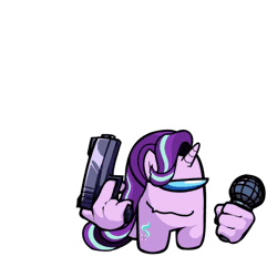 Size: 480x480 | Tagged: safe, artist:josephthedumbimpostor, starlight glimmer, g4, among us, animated, friday night funkin', gif, glimpostor, gun, microphone, miss, simple background, solo, weapon, white background