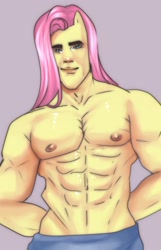 Size: 1300x2015 | Tagged: safe, artist:s_drawss, fluttershy, anthro, g4, abs, arm behind back, butterscotch, flutterguy, gray background, looking at you, male, male nipples, meme, muscles, muscleshy, muscular male, nipples, pecs, rule 63, simple background, solo, square jaw, wat