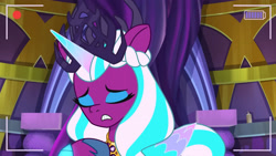 Size: 3072x1727 | Tagged: safe, screencap, opaline arcana, alicorn, pony, g5, my little pony: tell your tale, the rise and fall, spoiler:g5, spoiler:my little pony: tell your tale, spoiler:tyts01e67, camera shot, eyes closed, female, frown, mare, solo