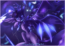 Size: 5040x3611 | Tagged: safe, artist:sweetlynight, oc, oc only, oc:sweetlydead, original species, pegasus, pony, bat wings, claws, lightning, male, solo, stallion, wings