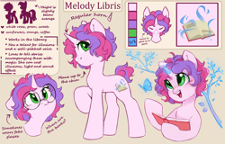 Size: 4700x3000 | Tagged: safe, artist:melodylibris, oc, oc only, oc:melody (melodylibris), pony, unicorn, beige background, book, female, floppy ears, glasses, hoof hold, mare, open mouth, open smile, reference sheet, round glasses, simple background, smiling, solo, text