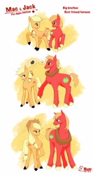 Size: 2802x5268 | Tagged: safe, artist:xinjinjumin239348413844, applejack, big macintosh, earth pony, pony, g4, age progression, applejack's hat, big macintosh's yoke, brother and sister, colt big macintosh, cowboy hat, cross-popping veins, emanata, female, filly, filly applejack, gritted teeth, hat, horse collar, looking at each other, looking at someone, male, older, siblings, simple background, smiling, smiling at each other, teenage applejack, teenage big macintosh, teenager, teeth, unshorn fetlocks, white background, younger