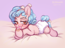 Size: 3000x2214 | Tagged: safe, artist:bloodymrr, cozy glow, pegasus, pony, g4, abdl, bed, bow, diaper, diaper butt, evil smile, female, filly, foal, gloating, grin, hair bow, high res, lying down, non-baby in diaper, orange eyes, pacifier, pink background, simple background, smiling, solo, wingless