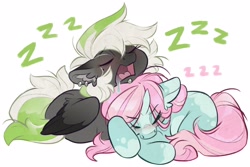 Size: 3116x2080 | Tagged: safe, artist:kez, oc, oc only, oc:scoops, pegasus, pony, unicorn, drool, duo, high res, horn, onomatopoeia, open mouth, pegasus oc, simple background, sleeping, sound effects, unicorn oc, white background, zzz