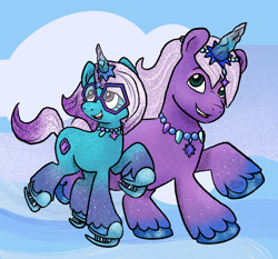 Size: 880x819 | Tagged: safe, artist:amynewblue, comet (g5), violet frost, auroricorn, pony, g5, my little pony: make your mark, my little pony: make your mark chapter 6, secrets of starlight, spoiler:g5, spoiler:my little pony: make your mark chapter 6, spoiler:mymc06e04, duo, duo male and female, female, glasses, male, mare, mistaken gender, selling, stallion