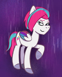 Size: 640x787 | Tagged: safe, artist:amynewblue, zipp storm, pegasus, pony, g5, female, mare, purple background, raised hoof, show accurate, simple background, smug, smugzipp, solo