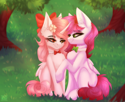 Size: 2652x2160 | Tagged: safe, artist:elektra-gertly, oc, oc only, oc:ellie berryheart, oc:teffy, alicorn, pegasus, pony, g4, black eyeshadow, bow, bowtie, cute, different eye colors, eyeshadow, female, flower, forest, friends, grass, green eyes, hair bow, high res, hug, long eyelashes, looking at each other, looking at someone, makeup, nature, rose, solo, tail, tree, wings