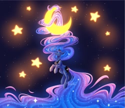 Size: 2141x1855 | Tagged: safe, artist:minelviii, princess luna, alicorn, pony, g4, blue background, crescent moon, eyes closed, female, impossibly long hair, impossibly long tail, long hair, mane, mare, moon, solo, stars, tail, tangible heavenly object, very long hair