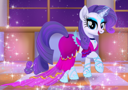 Size: 2580x1813 | Tagged: safe, artist:greenbrothersart, rarity, pony, unicorn, g4, clothes, dress, eyelashes, eyeshadow, female, glowing, glowing horn, high res, horn, makeup, mare, solo, sparkles, tail, tail hole