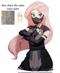 Size: 1691x2048 | Tagged: safe, artist:reondoven, fluttershy, human, pegasus, pony, g4, clothes, cosplay, costume, crossover, face mask, female, humanized, knife, looking at you, mask, mortal kombat, mortal kombat 1, ninja, simple background, smoke (mortal kombat 1), smoke (mortal kombat), solo, white background