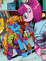 Size: 645x866 | Tagged: safe, artist:andy price, idw, official comic, earth pony, pony, g4, spoiler:comic, spoiler:comic64, 80's fashion, 80s, 80s hair, bangles, big hair, boots, clothes, comic, denim, denim jacket, ear piercing, earring, everything old, fashion crisis, female, fishnet stockings, jacket, jewelry, leopard print, manehattan, mare, piercing, shoes, skirt, speech bubble, unnamed character, unnamed pony, watch, wristband, wristwatch