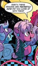 Size: 250x425 | Tagged: safe, artist:andy price, idw, official comic, retro savvy, earth pony, pony, g4, spoiler:comic, spoiler:comic64, 80's fashion, 80s, 80s hair, braid, clothes, comic, denim, denim jacket, ear piercing, earring, everything old, fashion crisis, female, jacket, jewelry, mare, piercing, speech bubble, unnamed character, unnamed pony