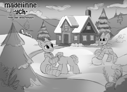 Size: 5856x4267 | Tagged: safe, artist:madelinne, advertisement, black and white, clothes, commission, door, duo, grayscale, house, monochrome, scarf, sketch, snow, snowman, socks, striped socks, tree, window, your character here