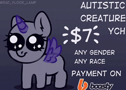 Size: 612x438 | Tagged: safe, artist:sadfloorlamp, pony, advertisement, animated, autism creature, beady eyes, c:, chibi, commission, confetti, female, simple background, smiling, solo, white background, ych animation, ych example, your character here