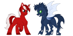 Size: 4800x2400 | Tagged: safe, artist:thescornfulreptilian, oc, oc only, oc:ace jetstream, oc:razgriz mirage, changeling, pony, unicorn, duo, male, simple background, stallion, transparent background