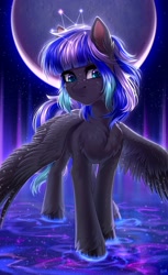Size: 1980x3233 | Tagged: safe, artist:hakaina, oc, oc only, oc:rainfall (zeepurplefox), pony, chest fluff, constellation, crown, fluffy, freckles, jewelry, looking at you, moon, regalia, solo, spread wings, standing, starry wings, stars, unshorn fetlocks, wings