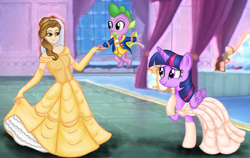 Size: 5134x3236 | Tagged: safe, artist:deannaphantom13, spike, twilight sparkle, alicorn, dragon, pony, g4, absurd resolution, ballroom, beauty and the beast, belle, clothes, commission, crossover, curtsey, disney, dress, female, folded wings, gown, holding hands, hoof on chest, male, mare, smiling, suit, twilight sparkle (alicorn), winged spike, wings