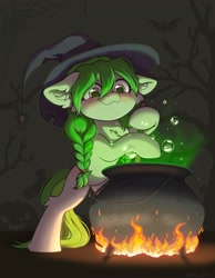 Size: 3000x3865 | Tagged: safe, artist:dorkmark, oc, oc only, earth pony, pony, braid, cauldron, fire, halloween, hat, high res, holiday, jack-o-lantern, pumpkin, solo, stirring, tree, witch, witch hat