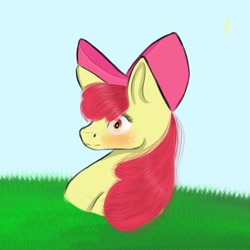 Size: 1000x1000 | Tagged: safe, artist:larissagatott, apple bloom, earth pony, pony, g4, blushing, female, filly, foal, grass, solo