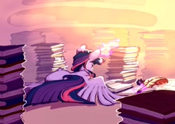 Size: 995x704 | Tagged: safe, artist:vintagecococola, twilight sparkle, alicorn, pony, g4, book, bookhorse, facing away, female, glowing, glowing horn, golden oaks library, horn, indoors, levitation, library, magic, magic aura, mare, quill, reading, sitting, sleepy, solo, telekinesis, that pony sure does love books, twilight sparkle (alicorn), wings