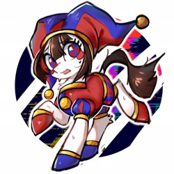 Size: 2048x2048 | Tagged: safe, artist:因幡瞳, doll pony, earth pony, object pony, original species, pony, animate object, doll, female, hat, high res, jester, jester hat, jester outfit, living doll, mare, open mouth, pomni, ponified, ponmi, raised hoof, simple background, solo, sweat, the amazing digital circus, toy, white background