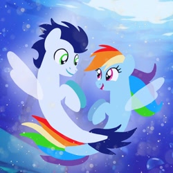 Size: 1400x1400 | Tagged: safe, artist:mlplary6, rainbow dash, soarin', pegasus, pony, seapony (g4), g4, boyfriend and girlfriend, bubble, crepuscular rays, cute, dashabetes, digital art, dorsal fin, female, fin, fin wings, fins, fish tail, flowing mane, flowing tail, looking at each other, looking at someone, male, mare, ocean, open mouth, open smile, seaponified, seapony rainbow dash, seapony soarin', ship:soarindash, shipping, smiling, smiling at each other, soarinbetes, species swap, stallion, straight, sunlight, swimming, tail, underwater, water, wings